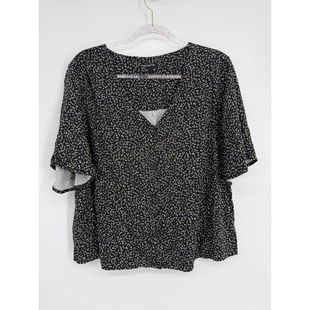Frank And Oak Black Floral Print Button Front Blouse Short Sleeve Blouse XL TG